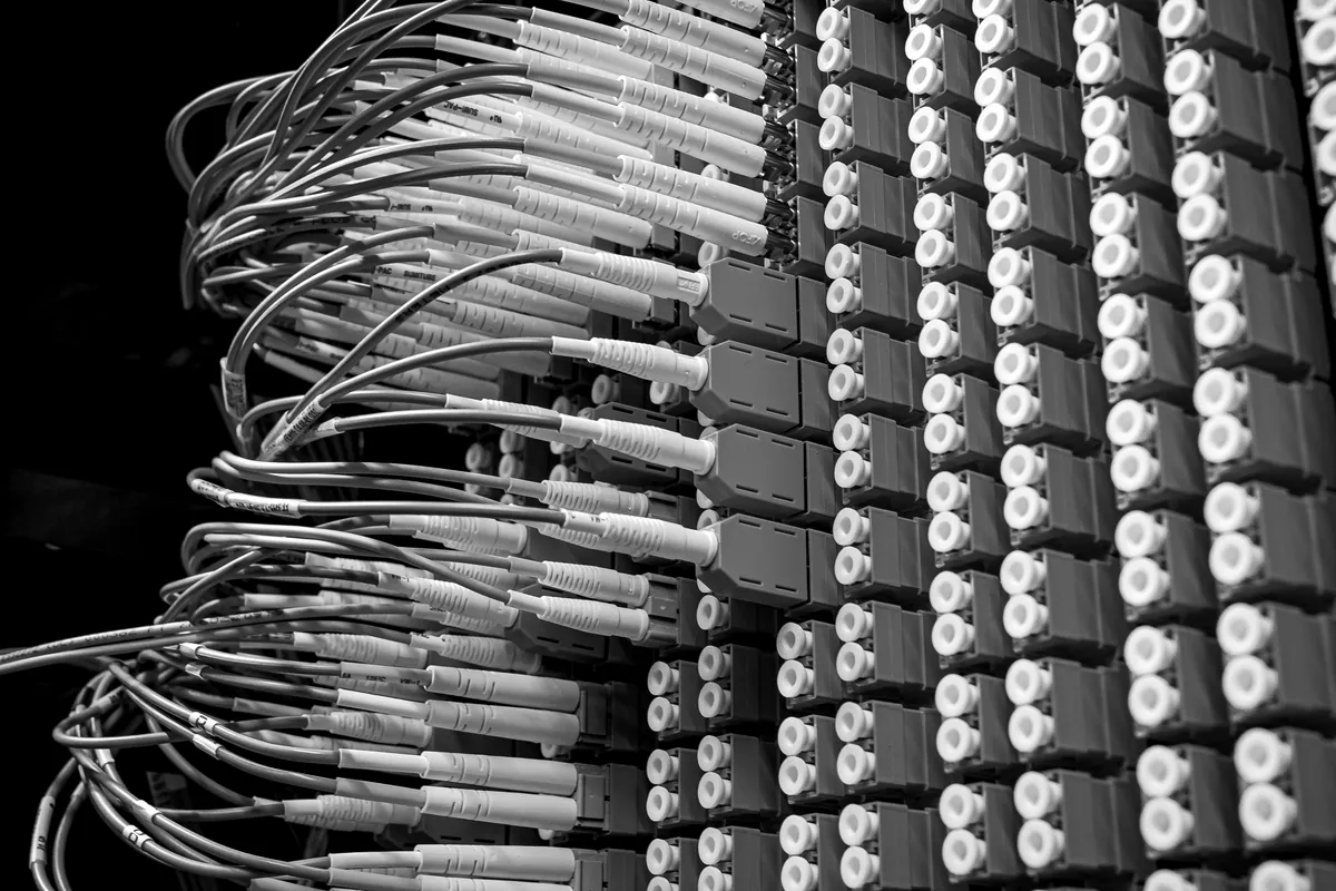 Fiber optic patch cables connected to a patch panel
