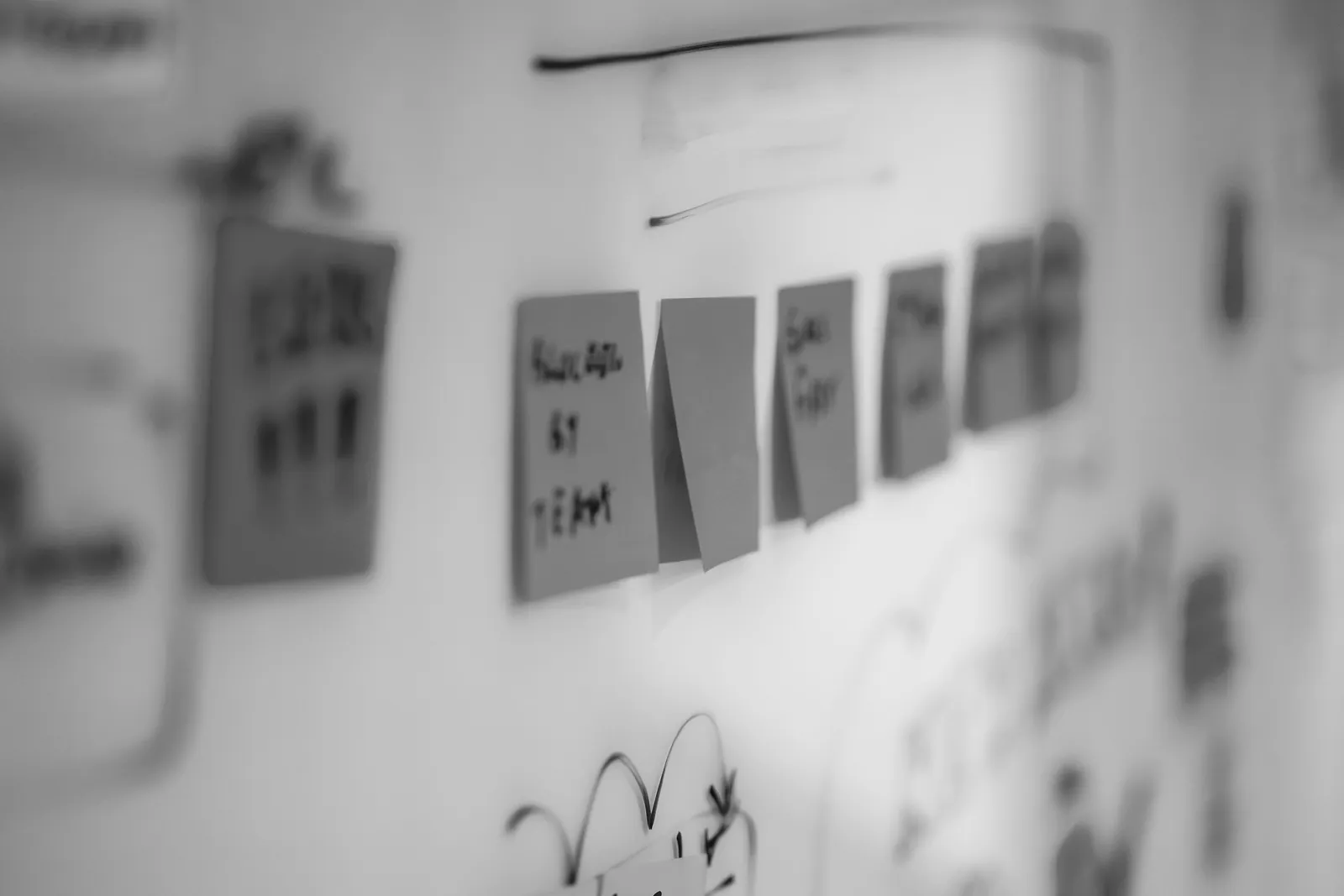 Rows of sticky notes on a whiteboard in an office